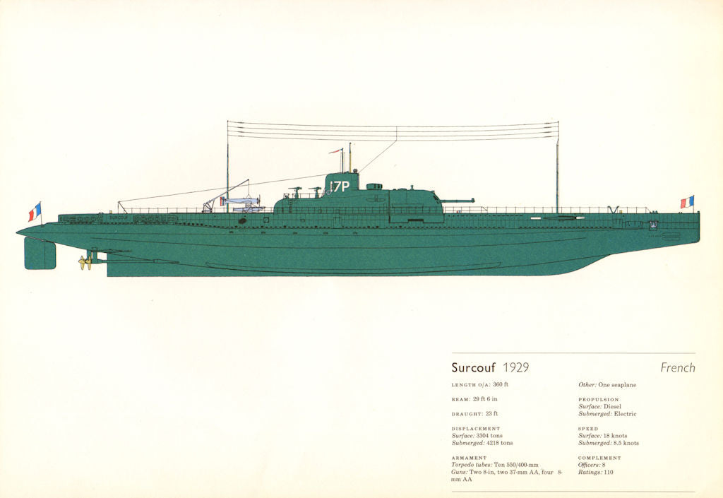 Surcouf (1929). French submarine. Hugh Evelyn 1970 old vintage print picture